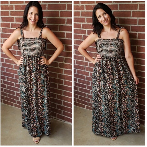 Black Floral Smocked Maxi Dress - Picture 3 of 9